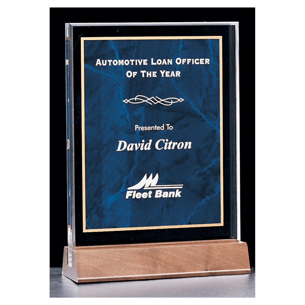 5" x 7 5/8" Sapphire Marble Acrylic Award with American Walnut Base