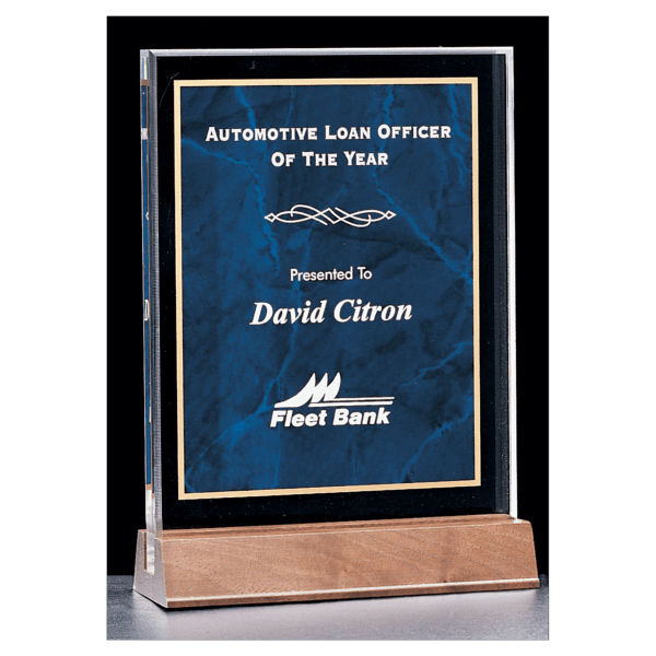5" x 7 5/8" Sapphire Marble Acrylic Award with American Walnut Base