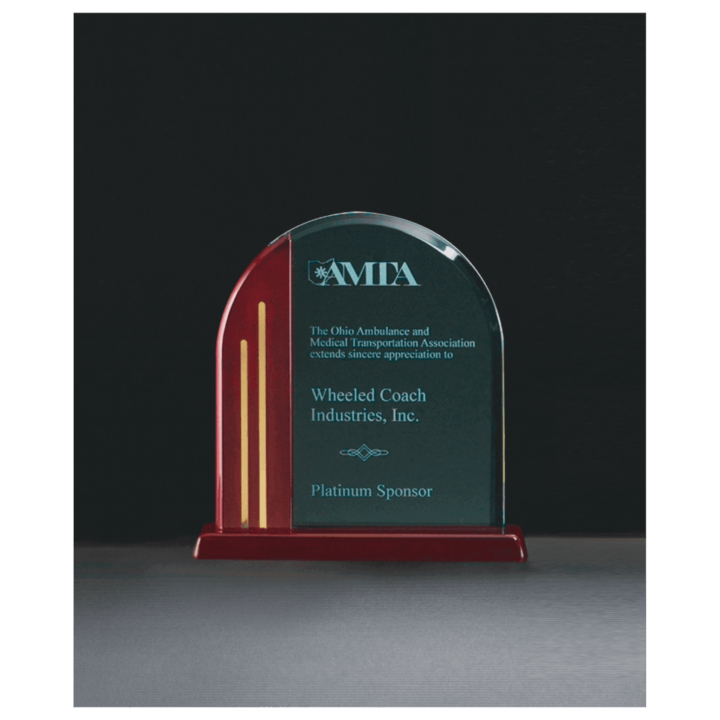 7 1/2" x 7 7/8" Arch Series Jade Acrylic with Rosewood Piano Finish Base, Gold Metal Accents