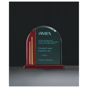 7 1/2" x 7 7/8" Arch Series Jade Acrylic with Rosewood Piano Finish Base, Gold Metal Accents