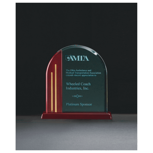 7 1/2" x 7 7/8" Arch Series Jade Acrylic with Rosewood Piano Finish Base, Gold Metal Accents