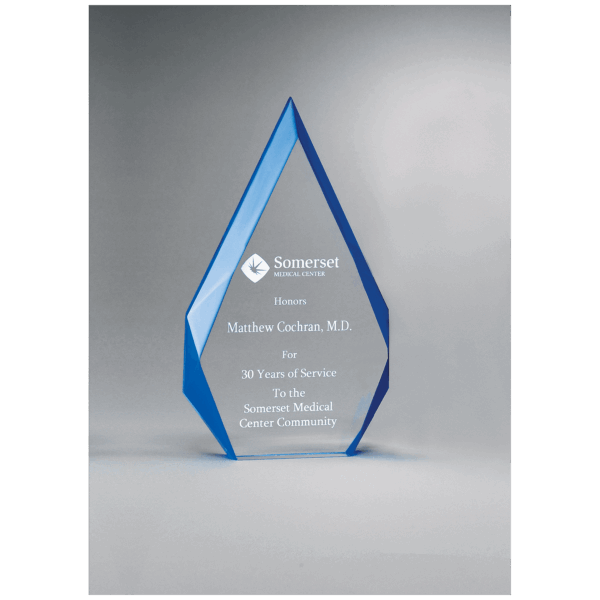 4 1/4" x 7 7/8" Flame Series Clear Freestanding Acrylic with Blue Accented Bevels