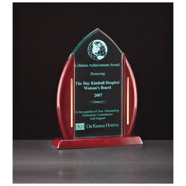 7 1/2" x 9 5/8" Flame Jade Acrylic with Rosewood Piano Finish Base and Posts, Gold Metal Accents