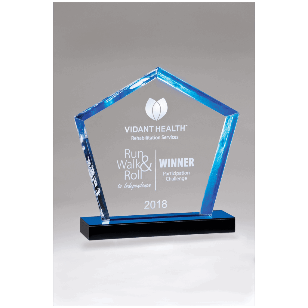 8" x 9" Diamond Series Acrylic Award with Blue Accent Blue Mirror-Topped Base