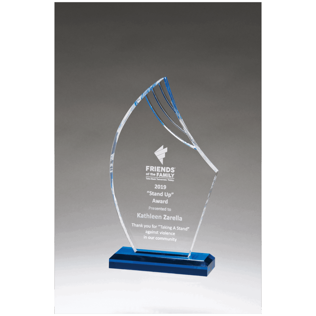 4 1/4" x 7 3/4" Flame Series Clear Acrylic with Blue Accents and Matching Blue Acrylic Base