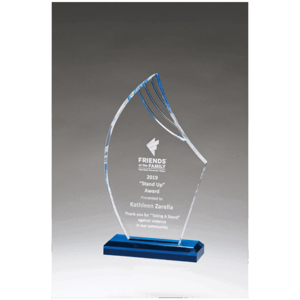 4 7/8" x 8 3/4" Flame Series Clear Acrylic with Blue Accents and Matching Blue Acrylic Base