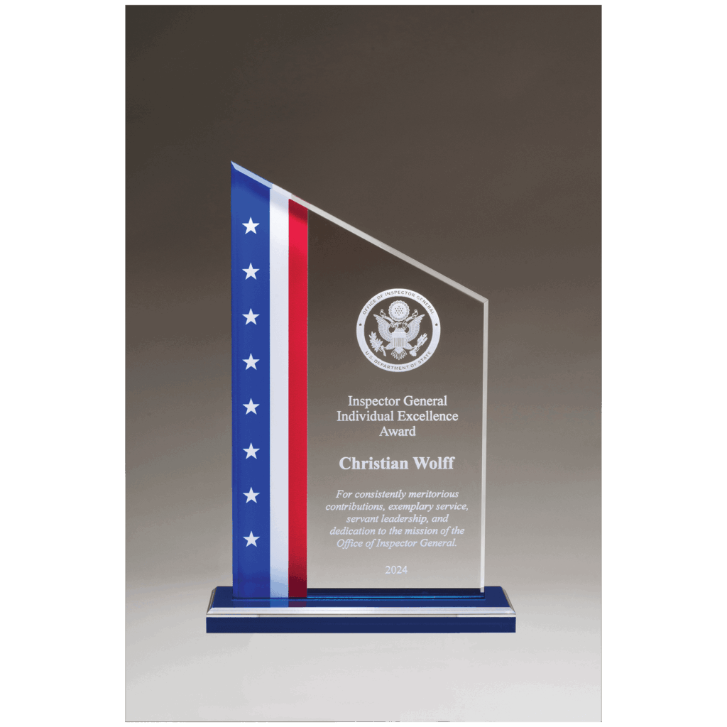 6" x 8 3/4" Zenith Series Acrylic with American Flag Design, Blue Mirror Top Blue Base