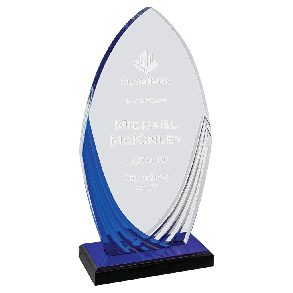 4 1/4" x 8 1/4" Tidal Series Acrylic with Printed Blue Accent and Blue Mirror-Topped Base