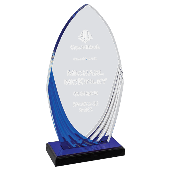 4 1/4" x 8 1/4" Tidal Series Acrylic with Printed Blue Accent and Blue Mirror-Topped Base