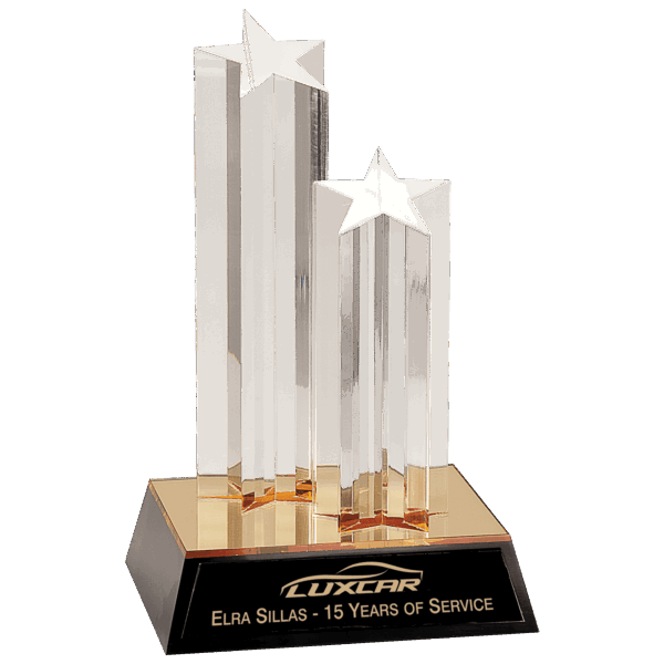 9 1/2" Clear Double Star Column Acrylic with Gold/Black Base