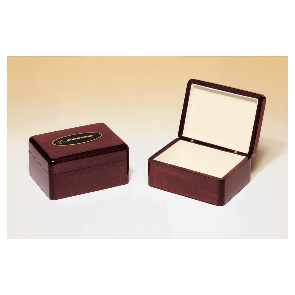 5 5/8" x 4 3/8" Rosewood Piano Finish Jewelry Box with Beige Felt Lining and Laserable Black Brass Plate