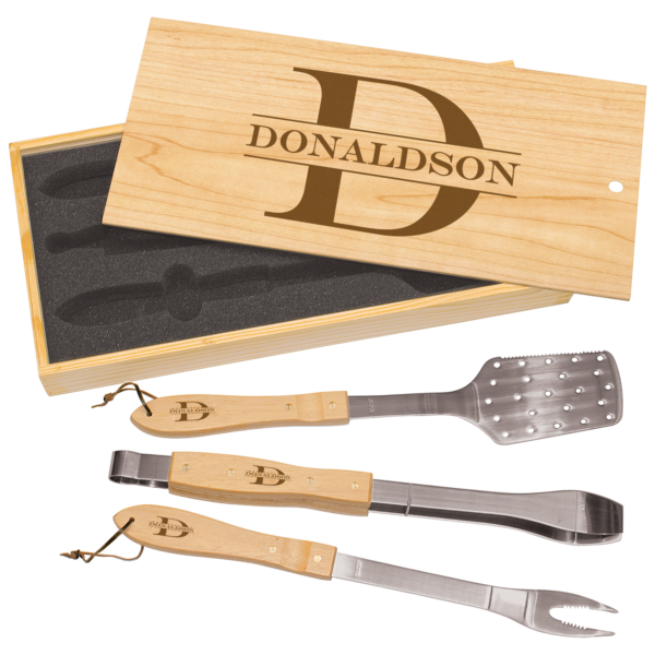 3-Piece BBQ Set in Wooden Pine Box