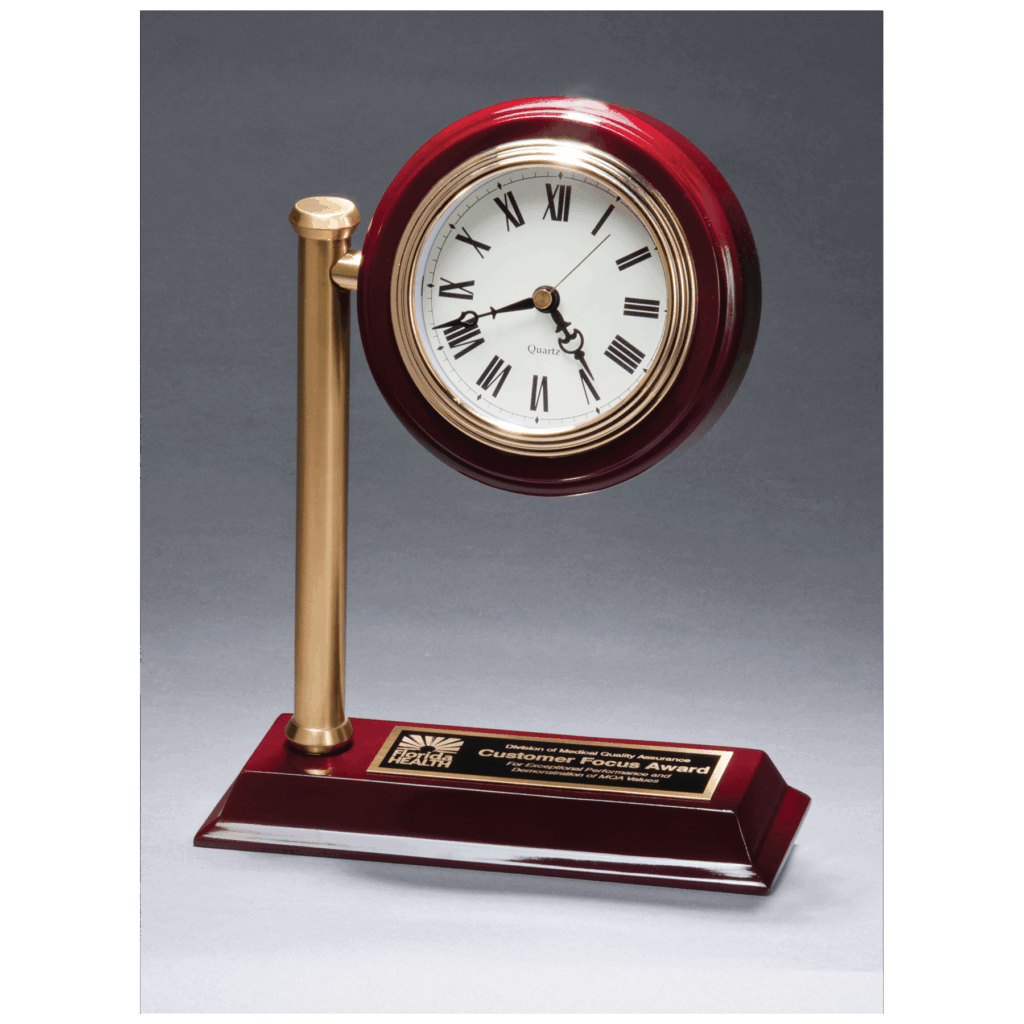 7" x 9" Rail Station Style Desk Clock on Rosewood Finish High Gloss Base, Black Plate