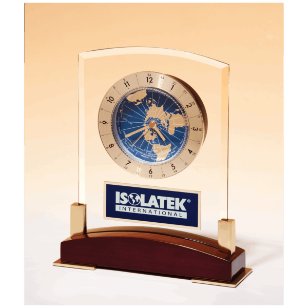 6" x 7 3/4" Glass Clock with World Time Dial on Piano Finish Base, Blue Aluminm Plate