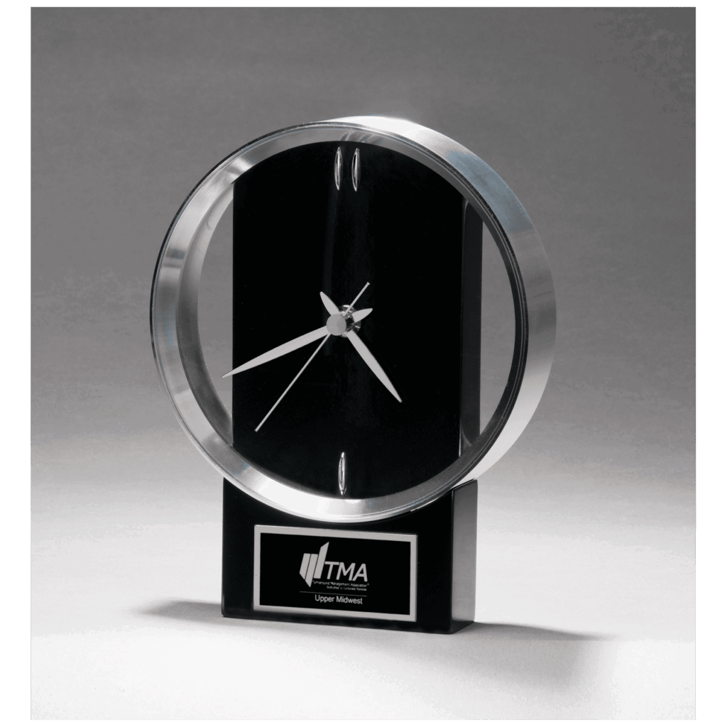 5 5/8" x 7 3/4" Modern Design Clock with Brushed Silver Bezel, Black High Gloss Base, Black Plate