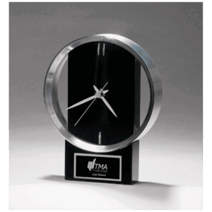 5 5/8" x 7 3/4" Modern Design Clock with Brushed Silver Bezel, Black High Gloss Base, Black Plate