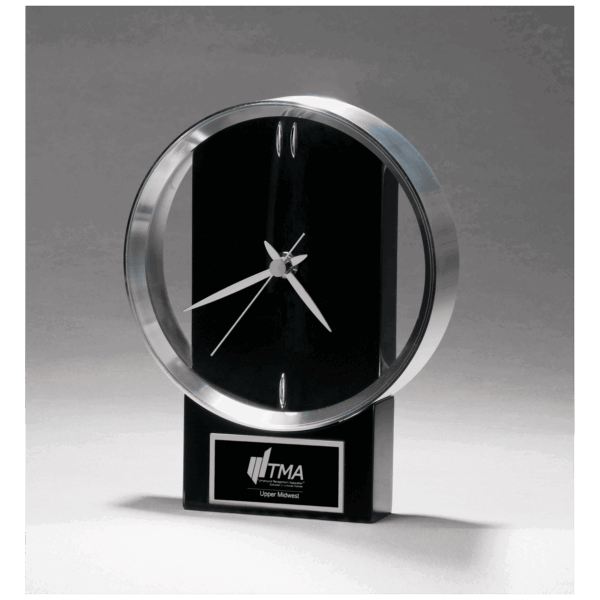 5 5/8" x 7 3/4" Modern Design Clock with Brushed Silver Bezel, Black High Gloss Base, Black Plate