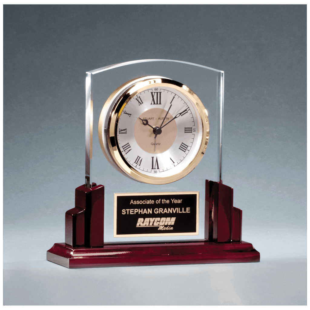 6 5/8" x 6 1/2" Glass Clock with Rosewood High Gloss Base, Black Aluminum Plate