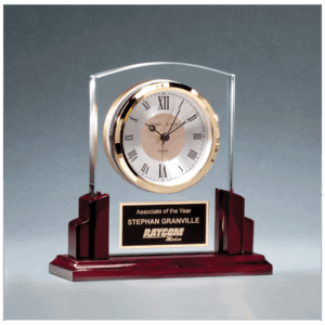 6 5/8" x 6 1/2" Glass Clock with Rosewood High Gloss Base, Black Aluminum Plate