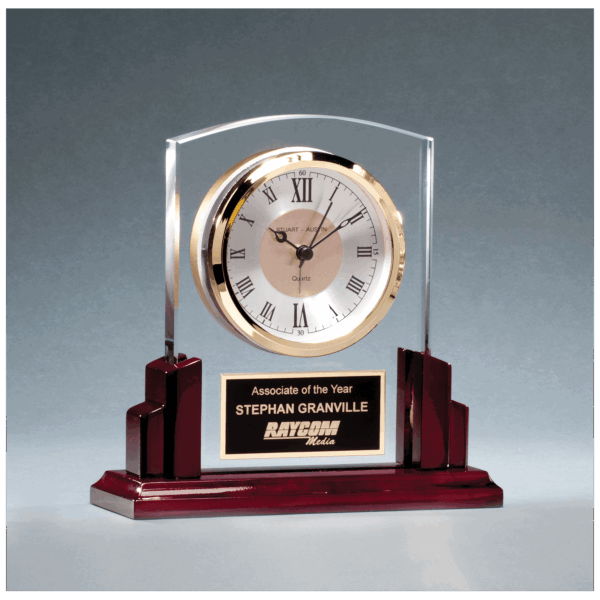 6 5/8" x 6 1/2" Glass Clock with Rosewood High Gloss Base, Black Aluminum Plate
