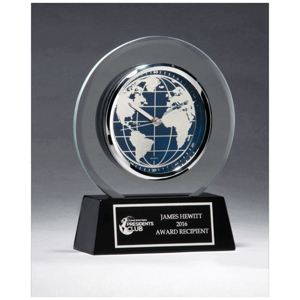 7 1/4" x  8 3/4" Glass Clock with World Dial on Black High Gloss Base, Black Plate