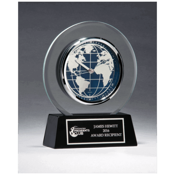 7 1/4" x  8 3/4" Glass Clock with World Dial on Black High Gloss Base, Black Plate