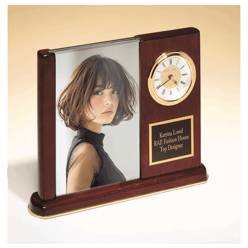 6 3/4" x 8 1/2" Rosewood Piano Finish Clock with Glass Picture Frame/Black Plate