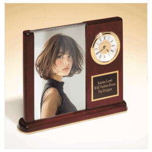 6 3/4" x 8 1/2" Rosewood Piano Finish Clock with Glass Picture Frame/Black Plate