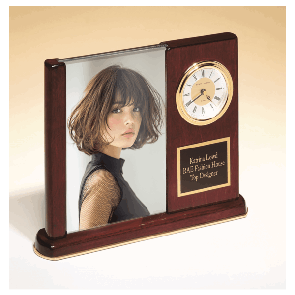 6 3/4" x 8 1/2" Rosewood Piano Finish Clock with Glass Picture Frame/Black Plate
