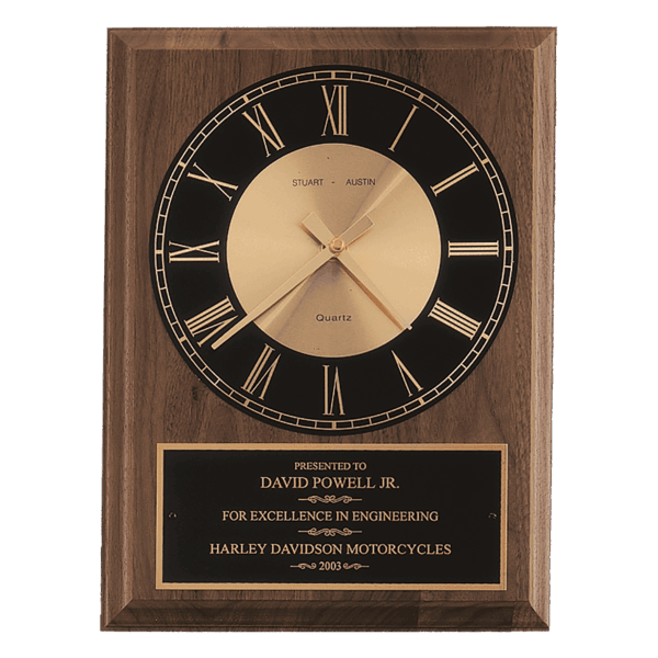 9" x 12" American Walnut Round Face Quartz Clock with Black Plate
