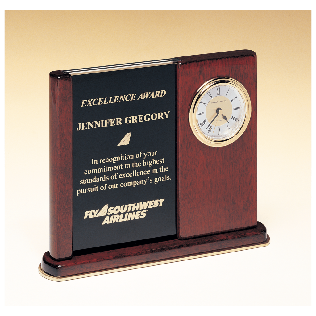 6 3/4" x 8 1/2" Rosewood Piano Finish Clock with Two Engraving Plates to Accomodate Extra Copy