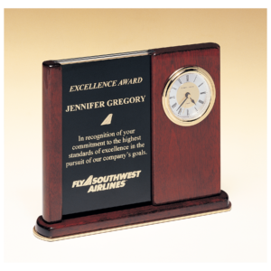 6 3/4" x 8 1/2" Rosewood Piano Finish Clock with Two Engraving Plates to Accomodate Extra Copy