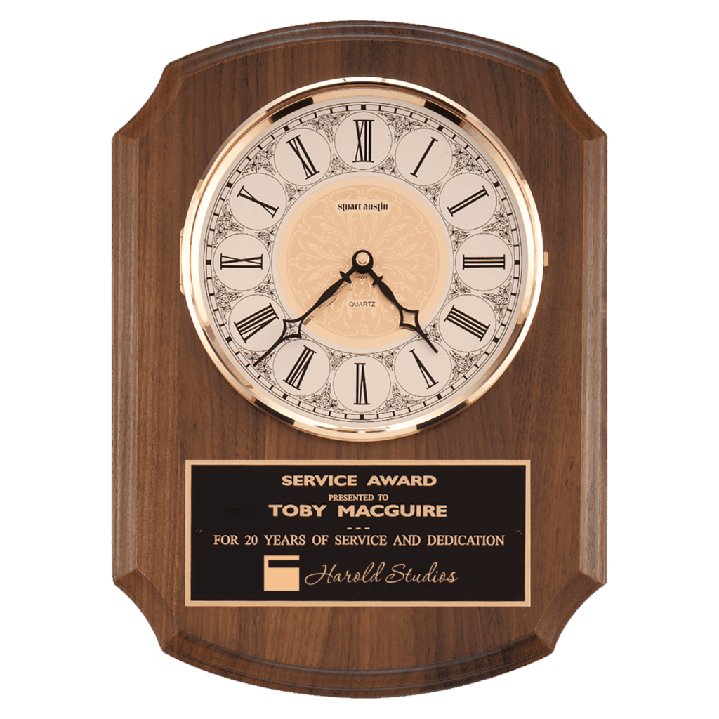 10 1/2" x 13" Walnut Quartz Clock, Brass Diamond Spun Bezel, Glass Lens, Ivory Dial, Plate