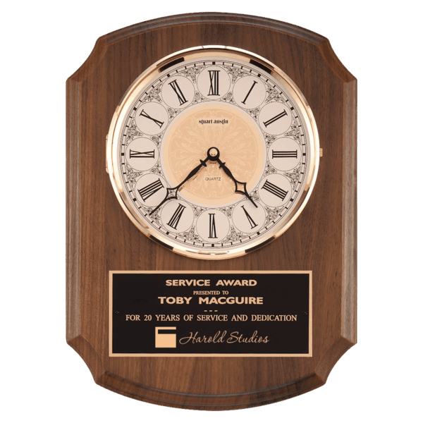 10 1/2" x 13" Walnut Quartz Clock, Brass Diamond Spun Bezel, Glass Lens, Ivory Dial, Plate