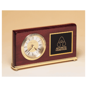 4" x 7 5/8" Rosewood Piano Finish Clock, Brass Base, Diamond Spun Dial, 3 Hand Movement with Black Laserable Plate