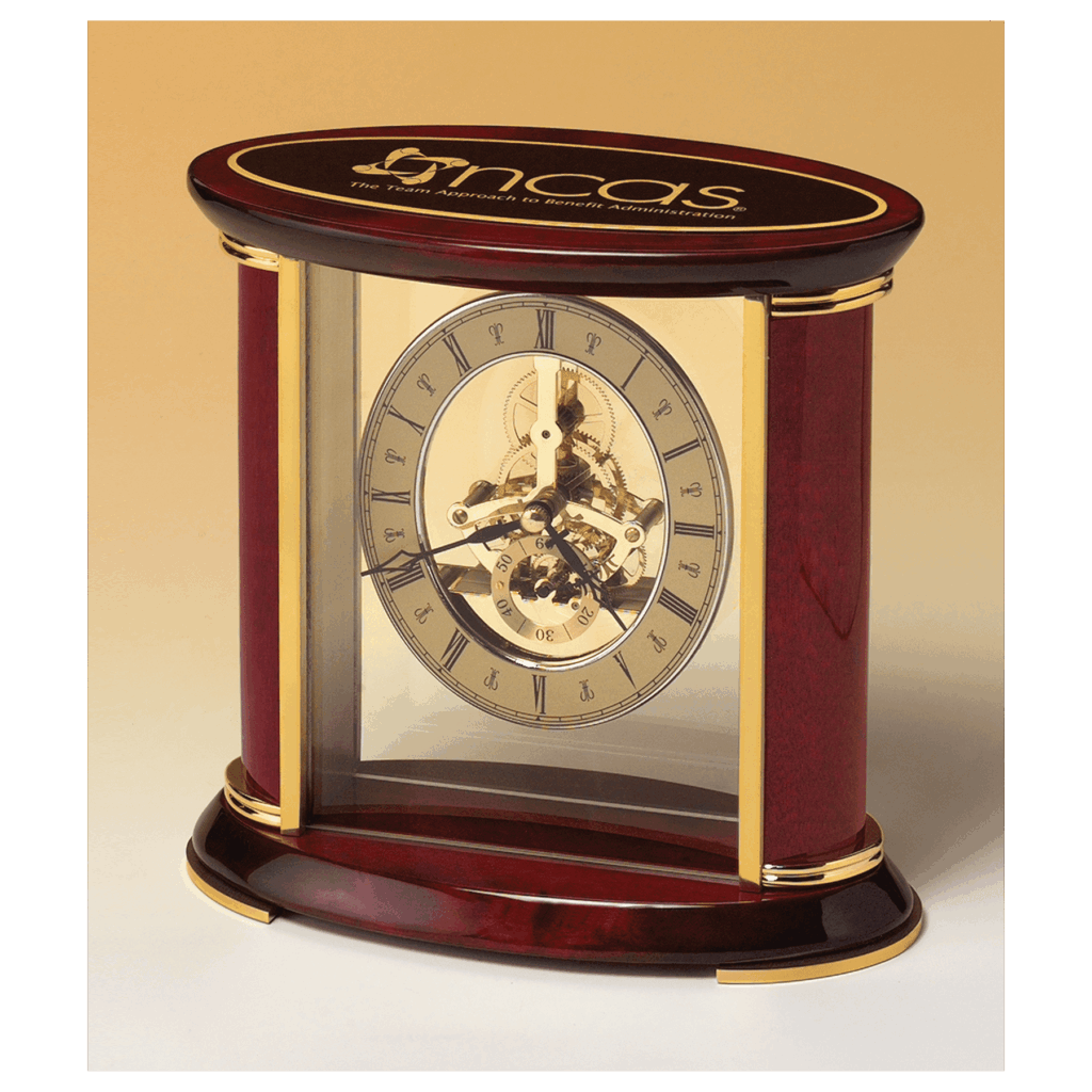 7" x 9" Skeleton Clock w/Sub-Second Dial, Brass Finish Movement, Rosewood Piano Accents, Plate