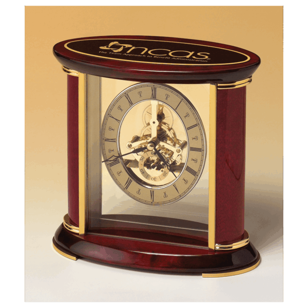 7" x 9" Skeleton Clock w/Sub-Second Dial, Brass Finish Movement, Rosewood Piano Accents, Plate