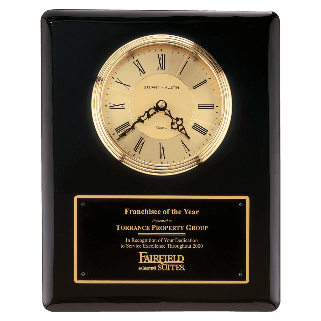 10 1/2" x 13" Black Piano Finish Clock, Waterfall Bezel with Glass Lens, Gold Dial, Plate