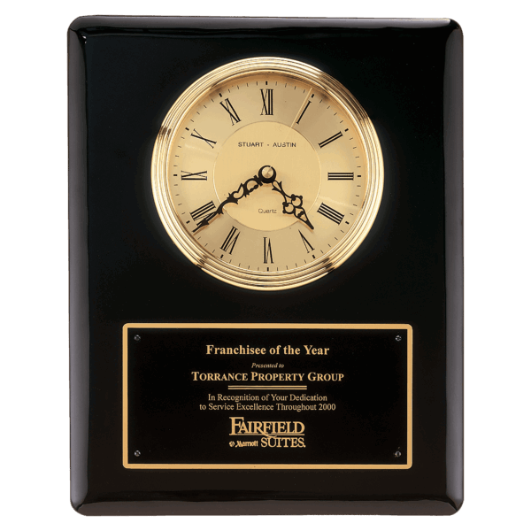 10 1/2" x 13" Black Piano Finish Clock, Waterfall Bezel with Glass Lens, Gold Dial, Plate