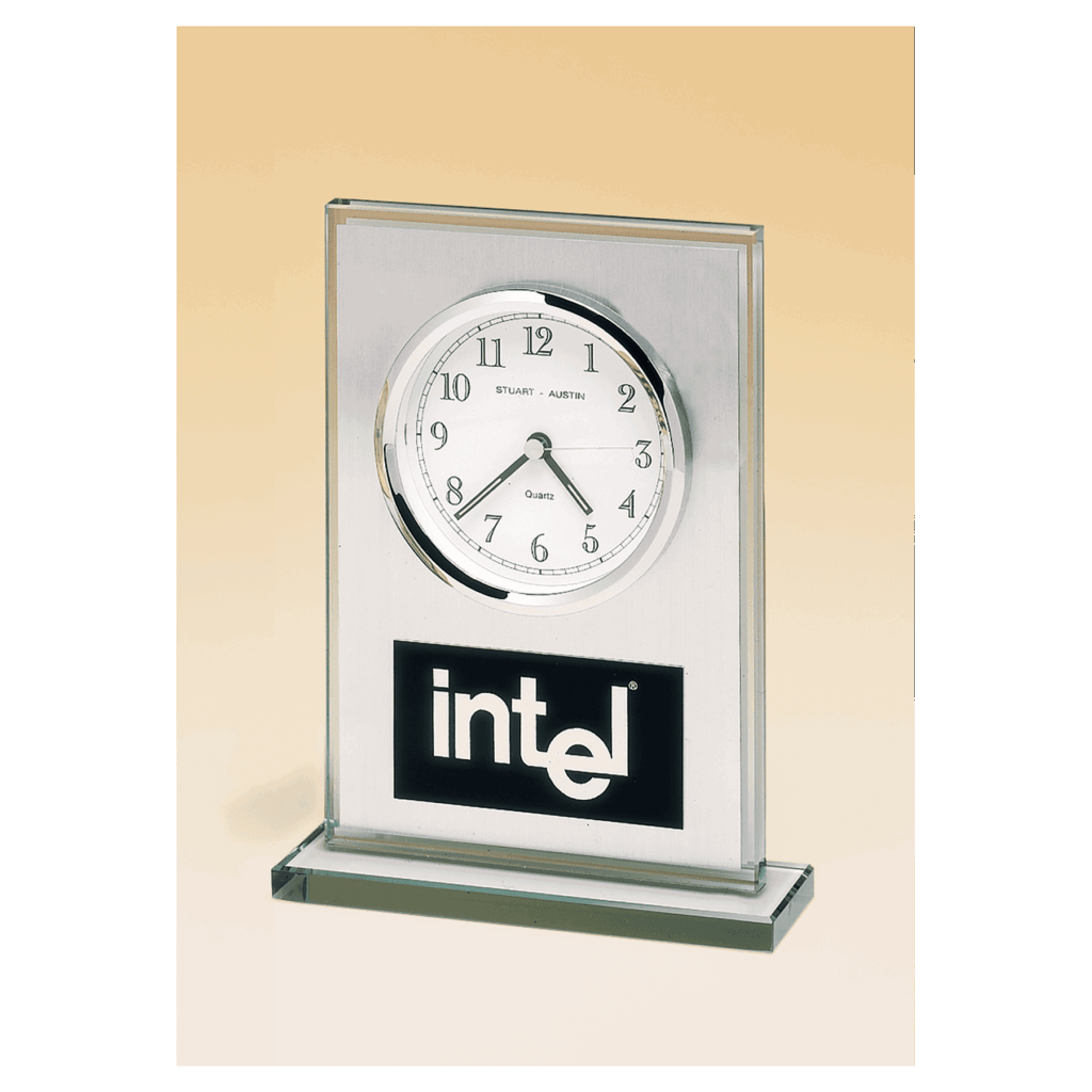 7 1/4" x 4 7/8" Glass Clock, Brushed Aluminum Panel, White Dial and Black Aluminum Plate