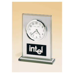 7 1/4" x 4 7/8" Glass Clock, Brushed Aluminum Panel, White Dial and Black Aluminum Plate
