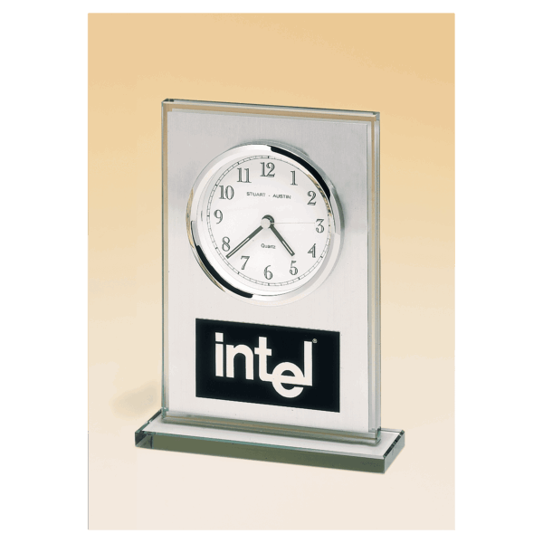 7 1/4" x 4 7/8" Glass Clock, Brushed Aluminum Panel, White Dial and Black Aluminum Plate