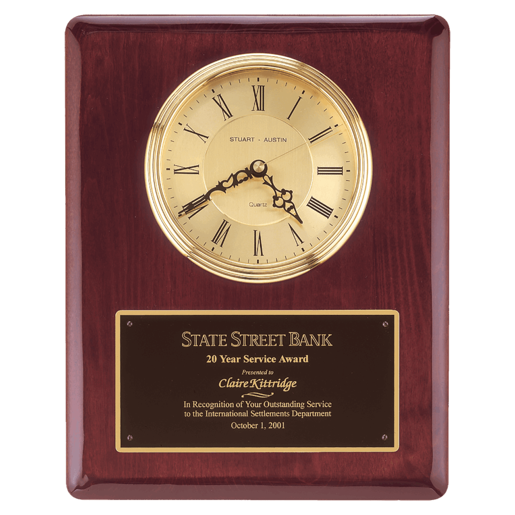 10 1/2" x 13" Rosewood Piano Finish Clock, Waterfall Bezel with Glass Lens,Gold Dial, Plate