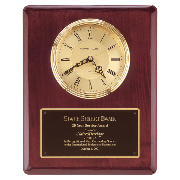 10 1/2" x 13" Rosewood Piano Finish Clock, Waterfall Bezel with Glass Lens,Gold Dial, Plate