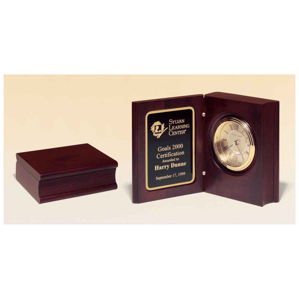 5 3/8" x 4 1/4" Hand Rubbed Mahogany Finish Book Clock w/Gold Spun Dial, 3 Hand Movement, Plate