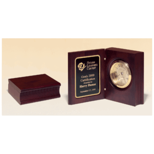 5 3/8" x 4 1/4" Hand Rubbed Mahogany Finish Book Clock w/Gold Spun Dial, 3 Hand Movement, Plate