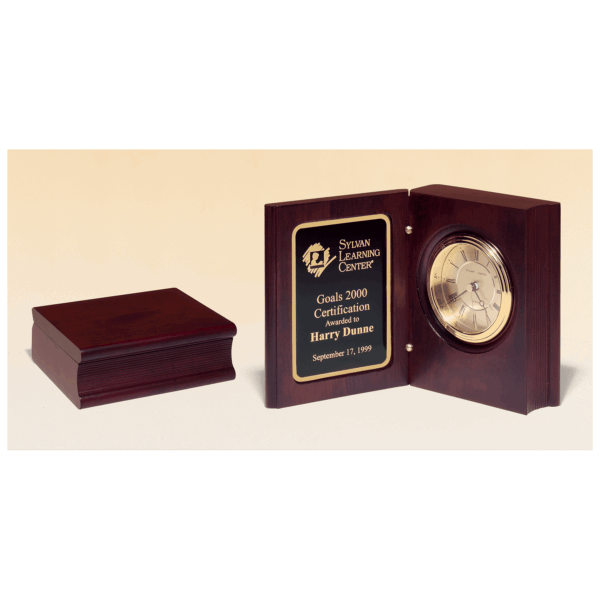 5 3/8" x 4 1/4" Hand Rubbed Mahogany Finish Book Clock w/Gold Spun Dial, 3 Hand Movement, Plate
