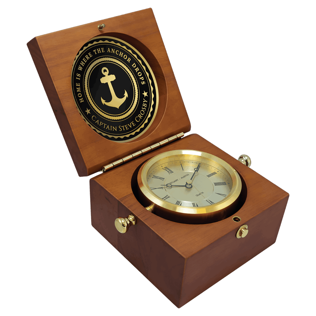 5 1/2" x 5 1/2" Mahogany Finish Captain's Clock, Brass Clock Housing, 4 1/4" Diameter Brass Disc/Plate