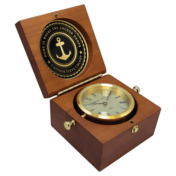 5 1/2" x 5 1/2" Mahogany Finish Captain's Clock, Brass Clock Housing, 4 1/4" Diameter Brass Disc/Plate