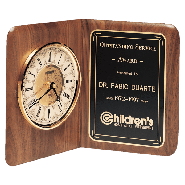12 1/2" x 9 1/2" Walnut Quartz Book Clock, Brass Diamond Spun Bezel, Glass Lens, Ivory Dial